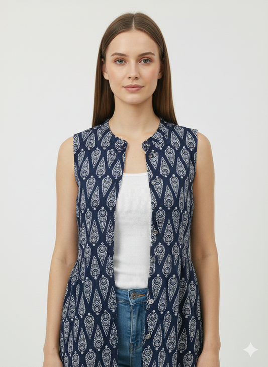 Indigo Ajrakh Print Sleeveless Front-open Long Shrug
