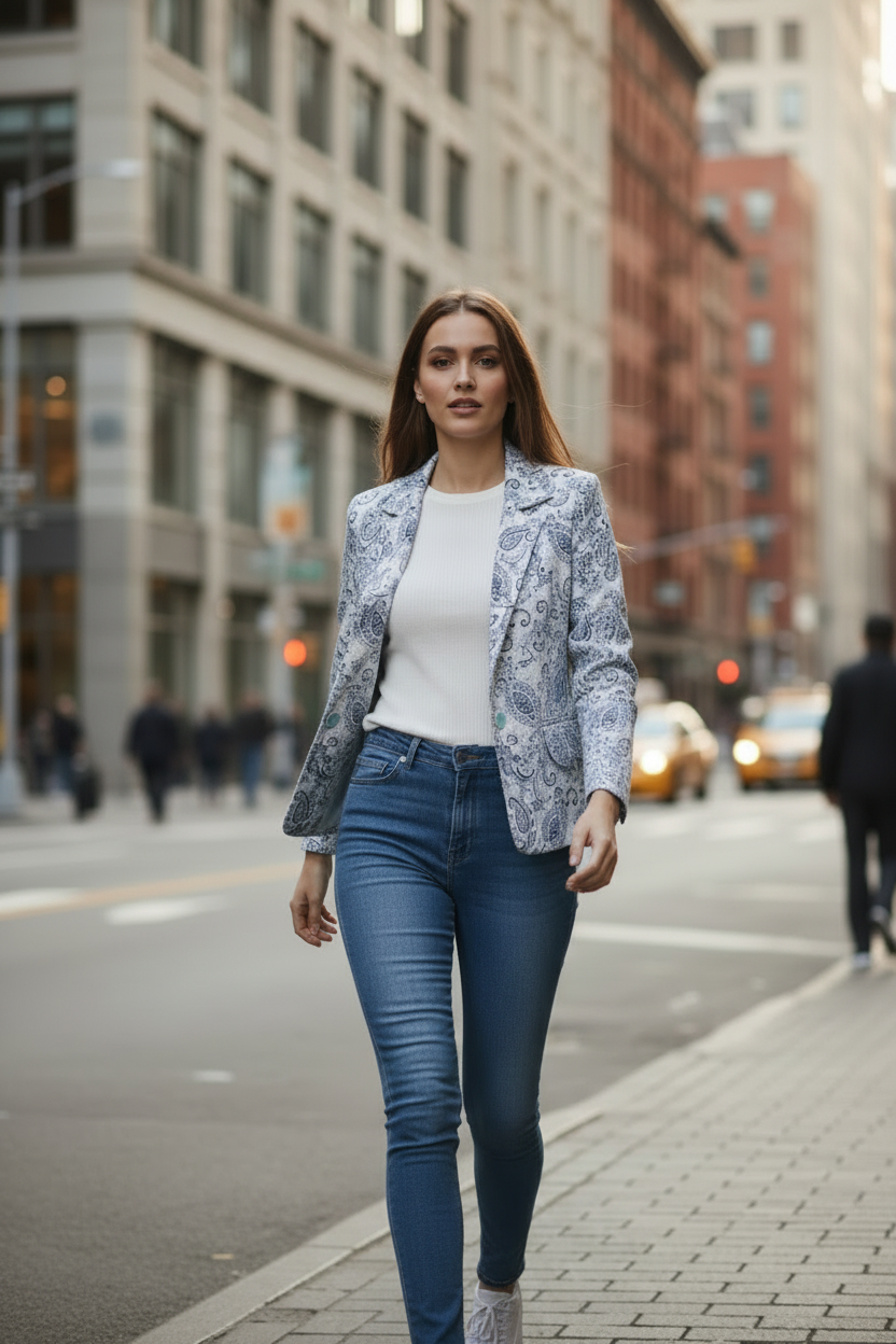 White & Blue Paisley Print All Season Lightweight Women Blazer