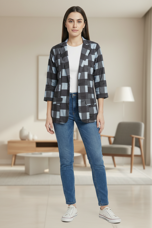 Black & Bluish Grey Checkered All Season Lightweight Blazer