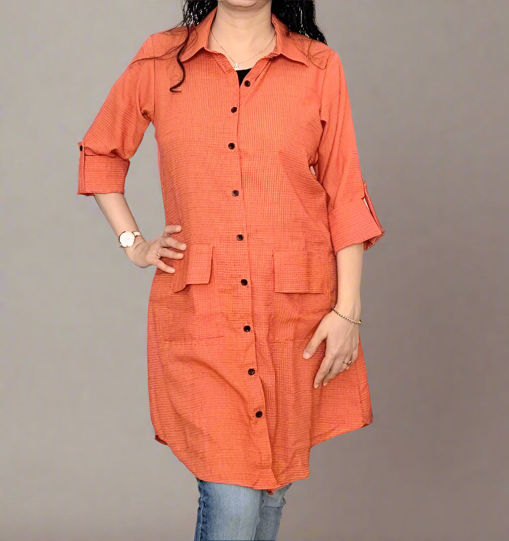Carrot Red Checked Mid-Length Shirt