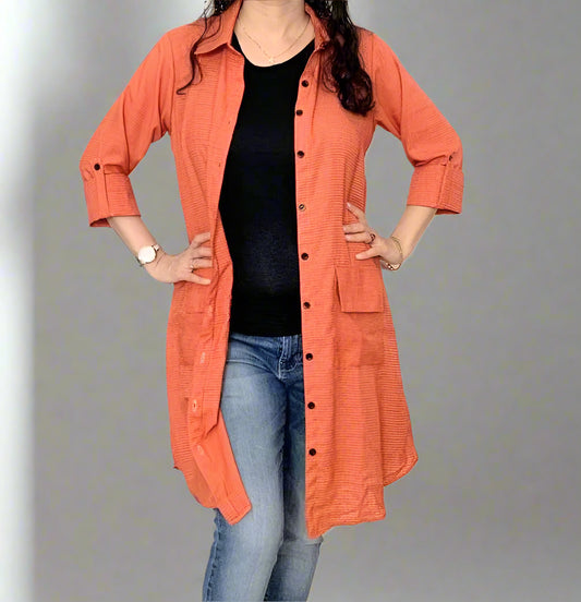 Carrot Red Checked Mid-Length Shirt