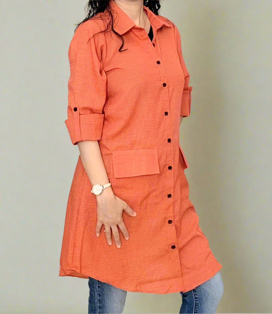Carrot Red Checked Mid-Length Shirt