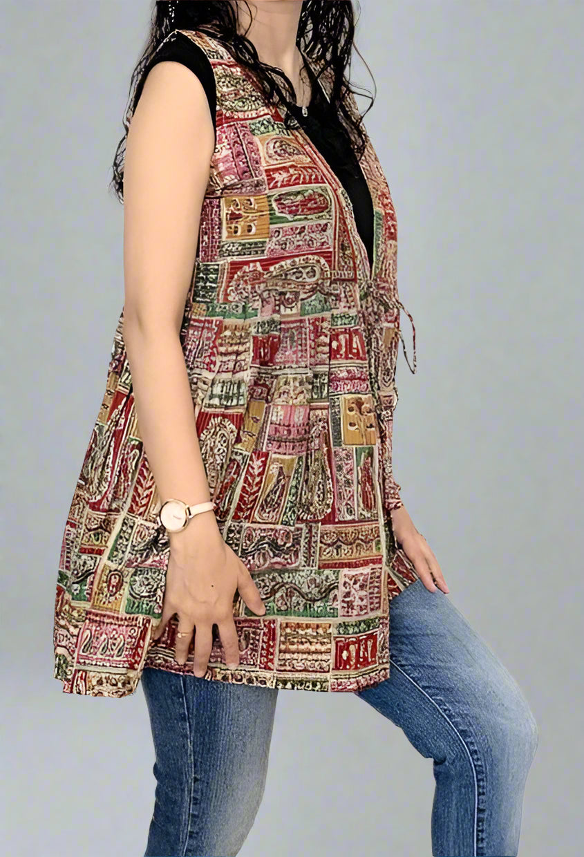 Multicolor Printed Mid-Length Tie-Up Shrug