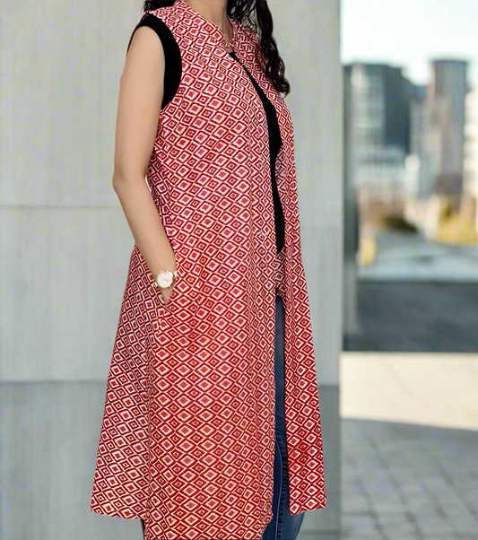 Red Ikat Print Sleeveless Front-open Long Shrug