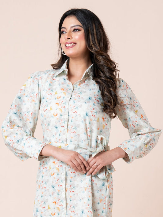 Multicolor Floral Print Shirt Dress With Belt