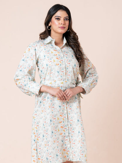 Multicolor Floral Print Shirt Dress With Belt