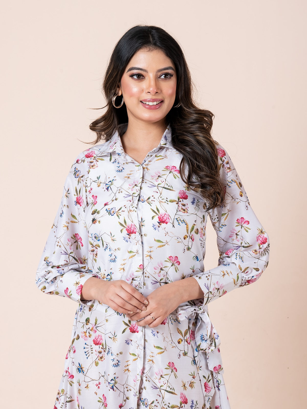 Abstract Colorful Flower Art Print Shirt Dress With Belt