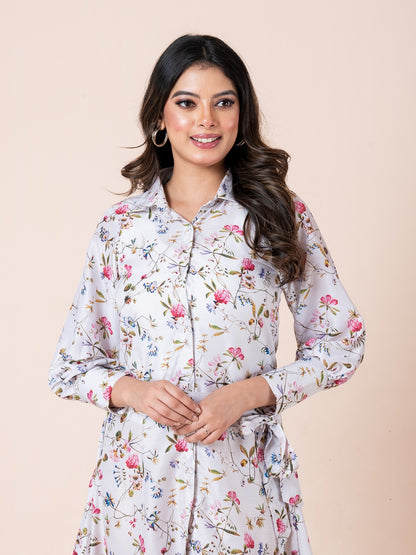 Abstract Colorful Flower Art Print Shirt Dress With Belt