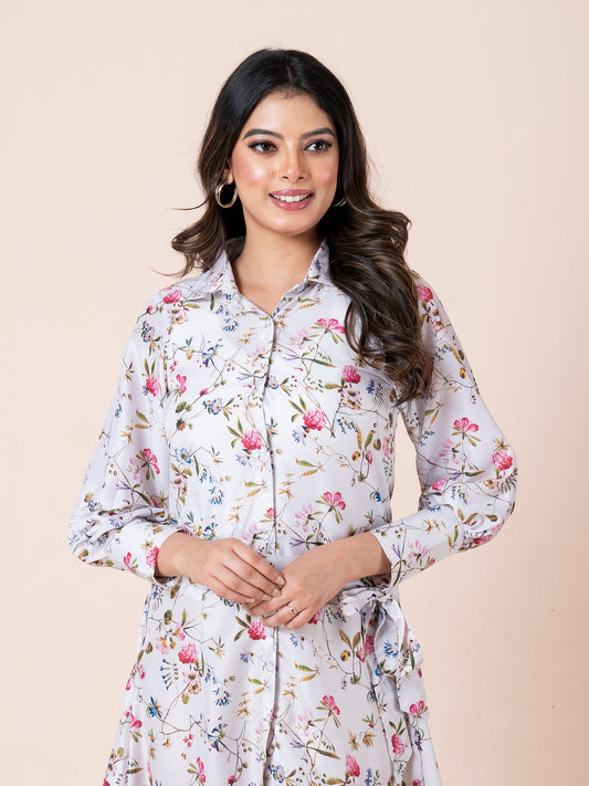 Abstract Colorful Flower Art Print Shirt Dress With Belt