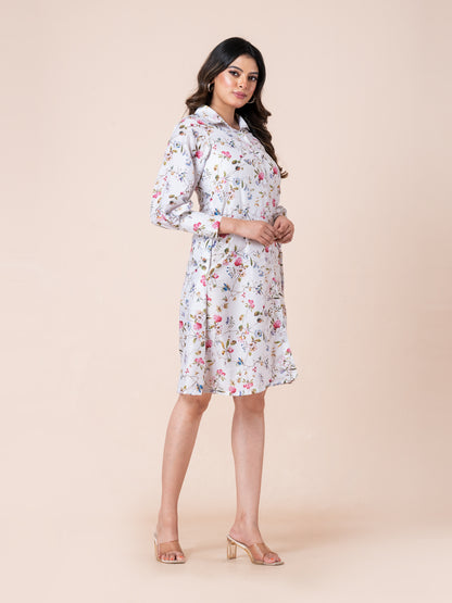 Abstract Colorful Flower Art Print Shirt Dress With Belt