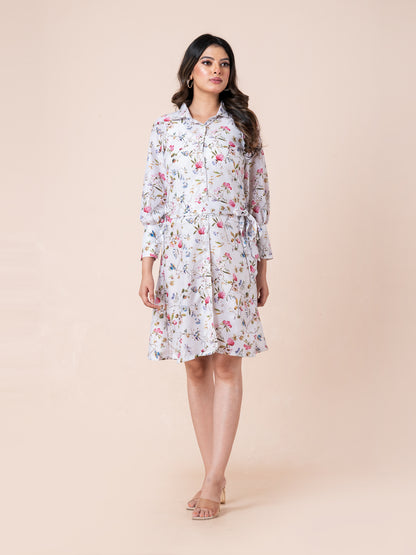 Abstract Colorful Flower Art Print Shirt Dress With Belt