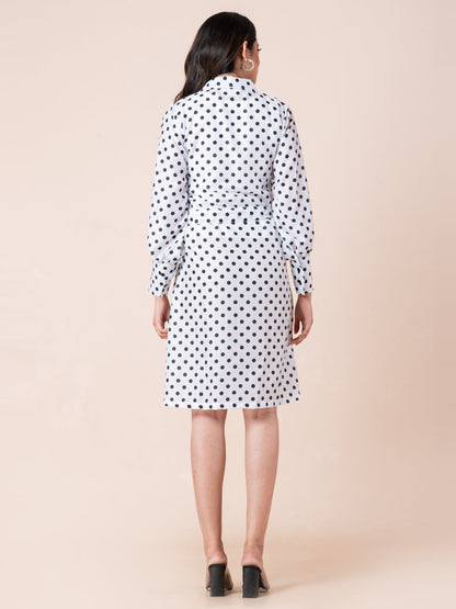 Black & White Polka Dot Printed Shirt Dress With Belt