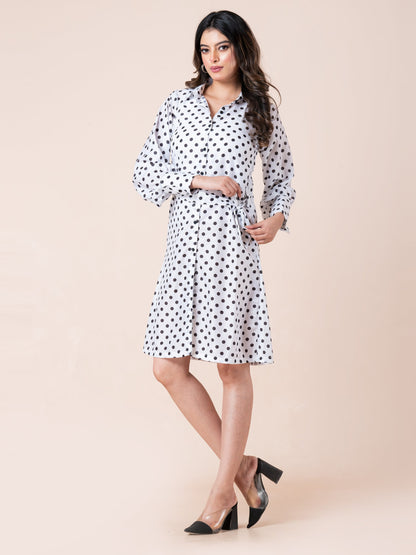 Black & White Polka Dot Printed Shirt Dress With Belt