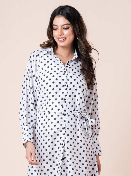Black & White Polka Dot Printed Shirt Dress With Belt