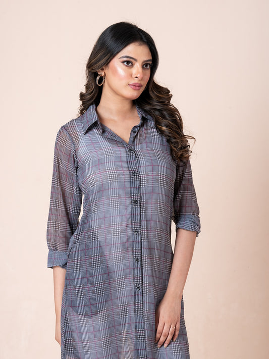 Tiny Stripes Glen Checks Digital Printed Long Shirt