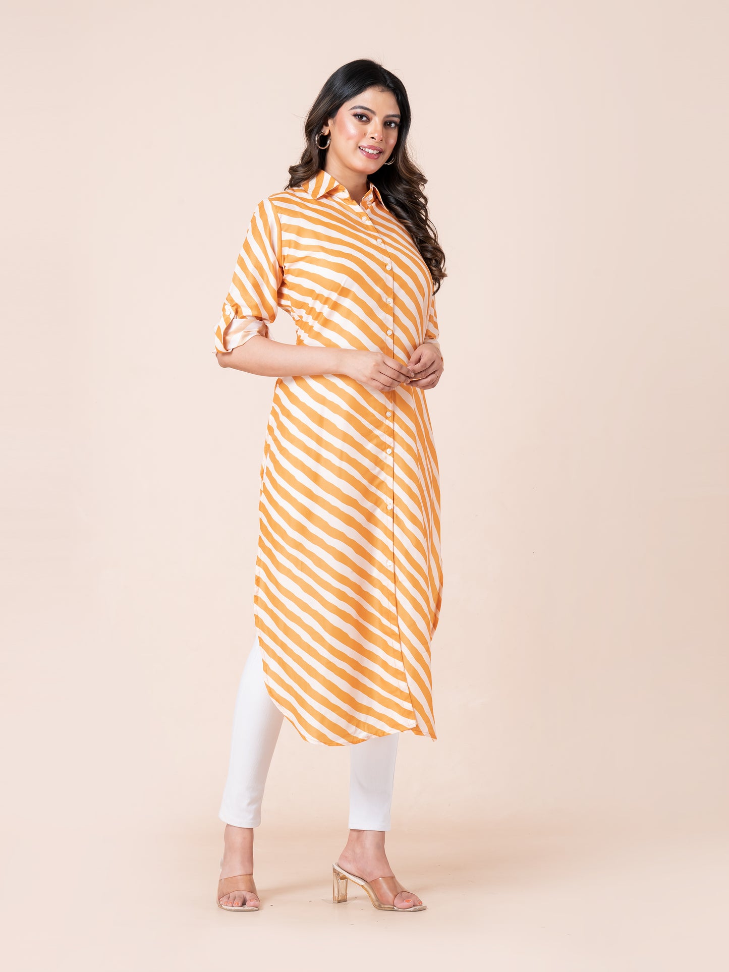 Mustard Yellow Stripe Waving Patterns Digital Printed Long Shirt