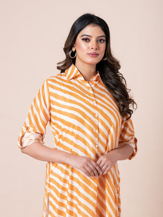 Mustard Yellow Stripe Waving Patterns Digital Printed Long Shirt