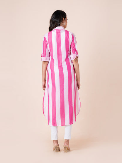 Peach And Pink Stripes Digital Printed Long Shirt