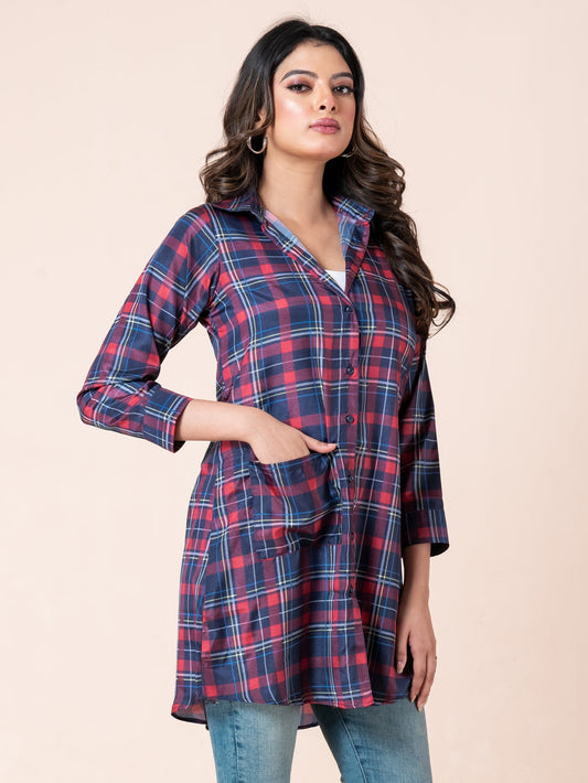 Red & Blue Checkered Mid-Length Shirt
