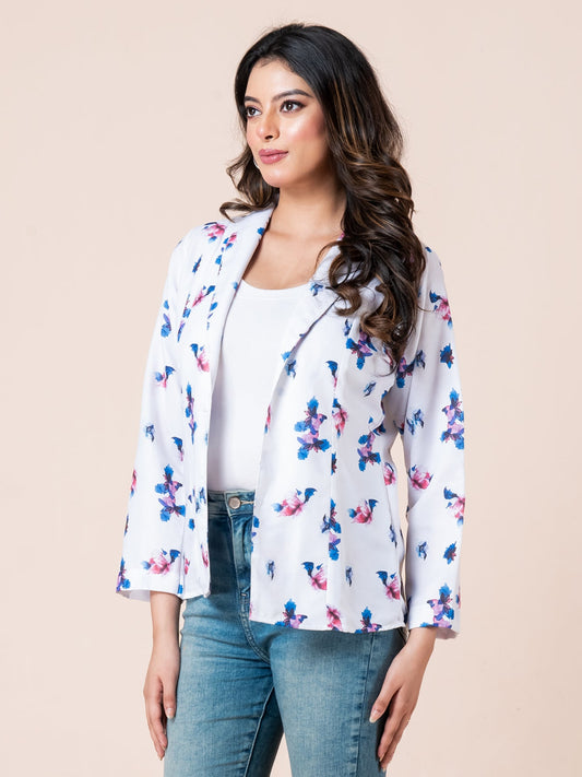 White floral lightweight women blazer, close view