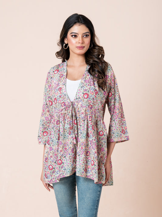 Multicolor Floral Print Tie-Up Shrug for Women