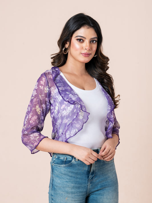Purple Floral Printed See-through Water Fall Women Bolero, close view