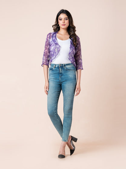 Purple Floral Printed See-through Water Fall Women Bolero, front