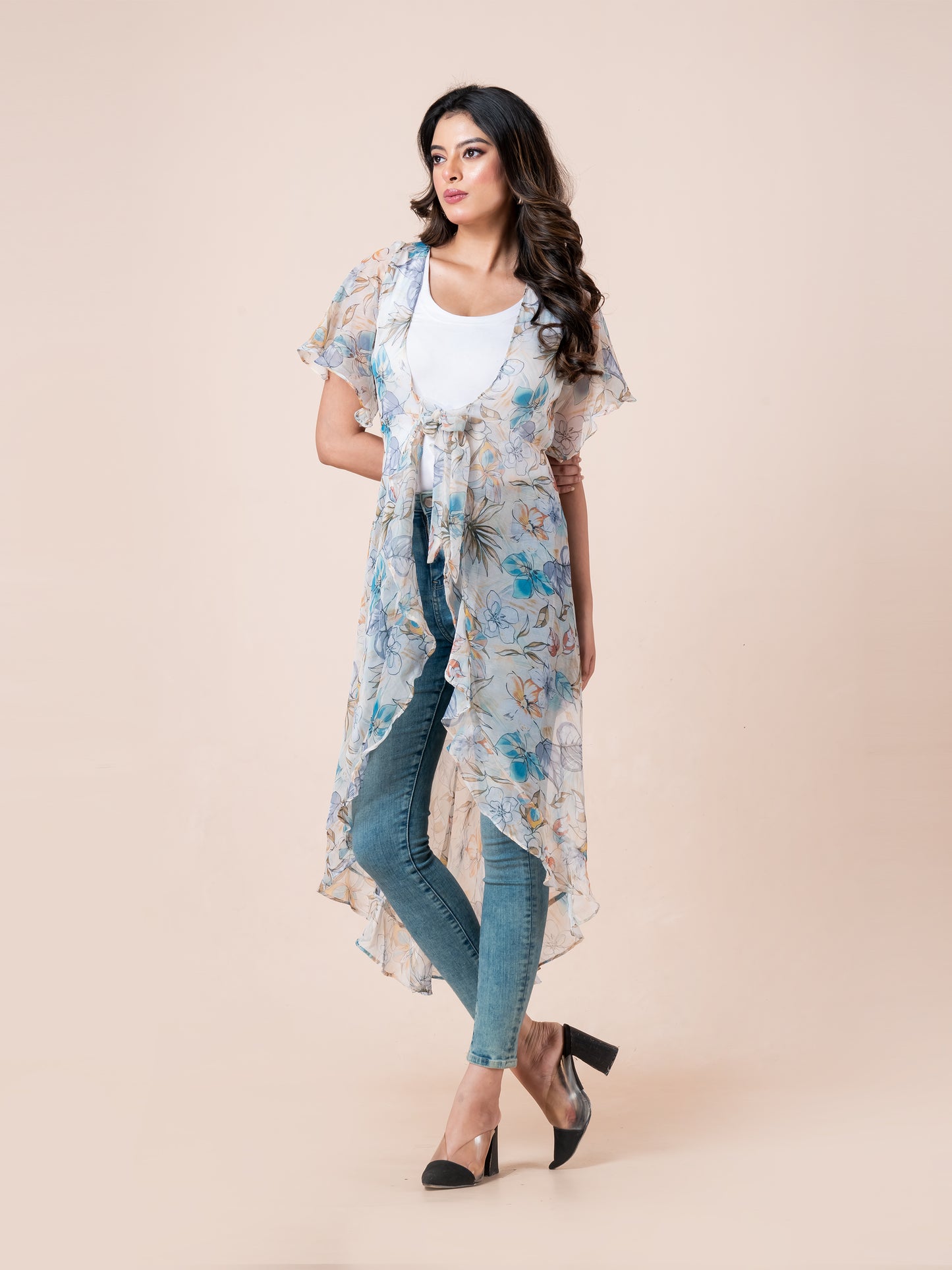 Beige & Blue Floral Printed Waterfall Tie-Up Long Shrug for Women