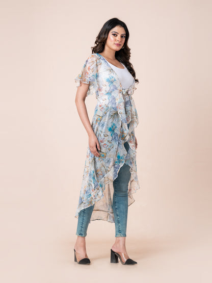 Beige & Blue Floral Printed Waterfall Tie-Up Long Shrug for Women