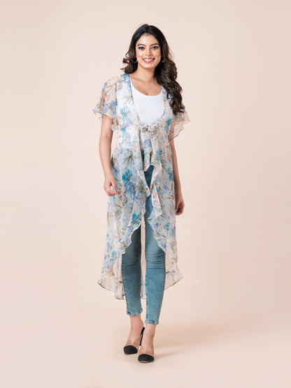 Beige & Blue Floral Printed Waterfall Tie-Up Long Shrug for Women
