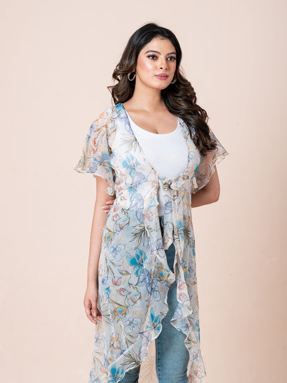 Beige & Blue Floral Printed Waterfall Tie-Up Long Shrug for Women
