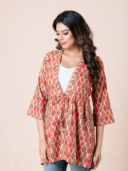 Ikkat Patterns Digital Printed Tie-Up Shrug for Women