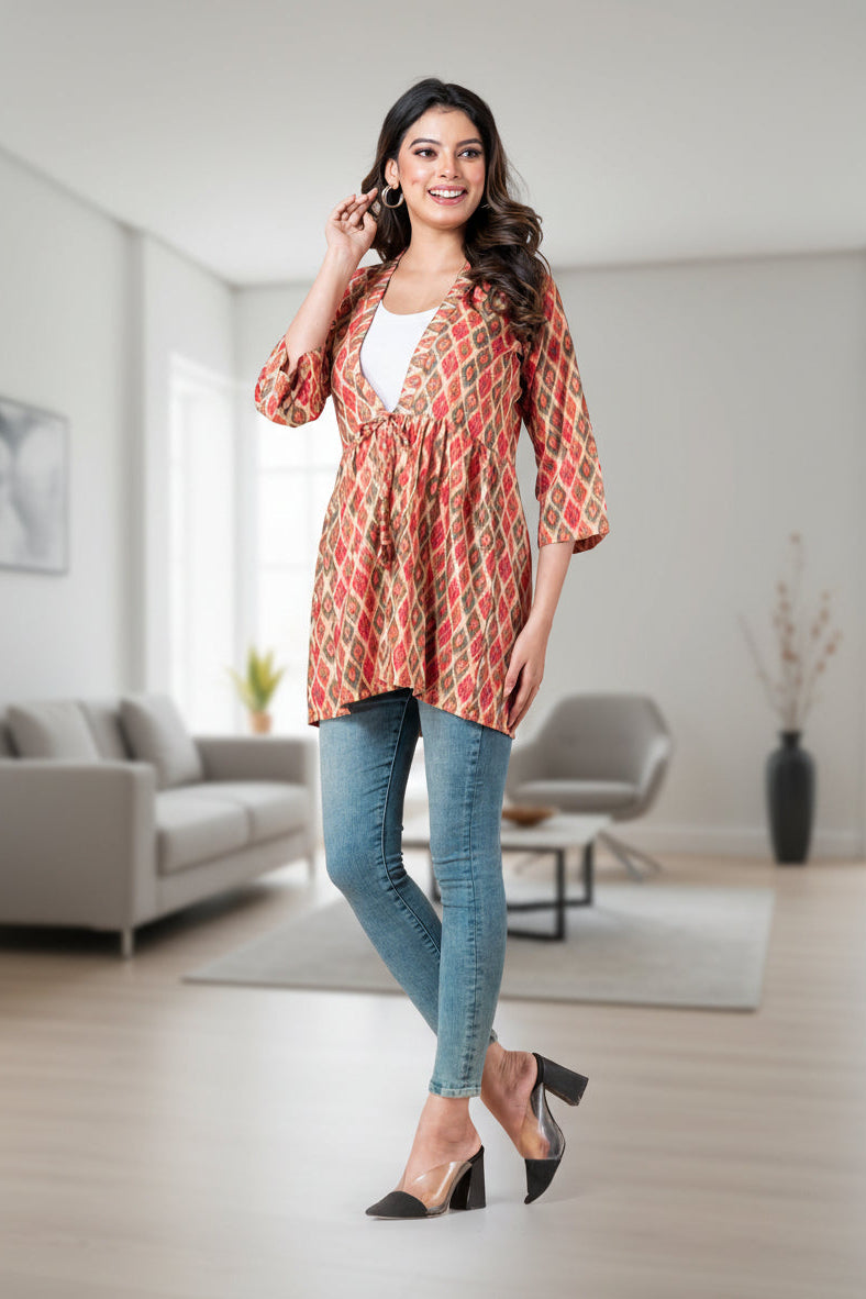 Multicolour Ikkat Patterns Peplum Shrug