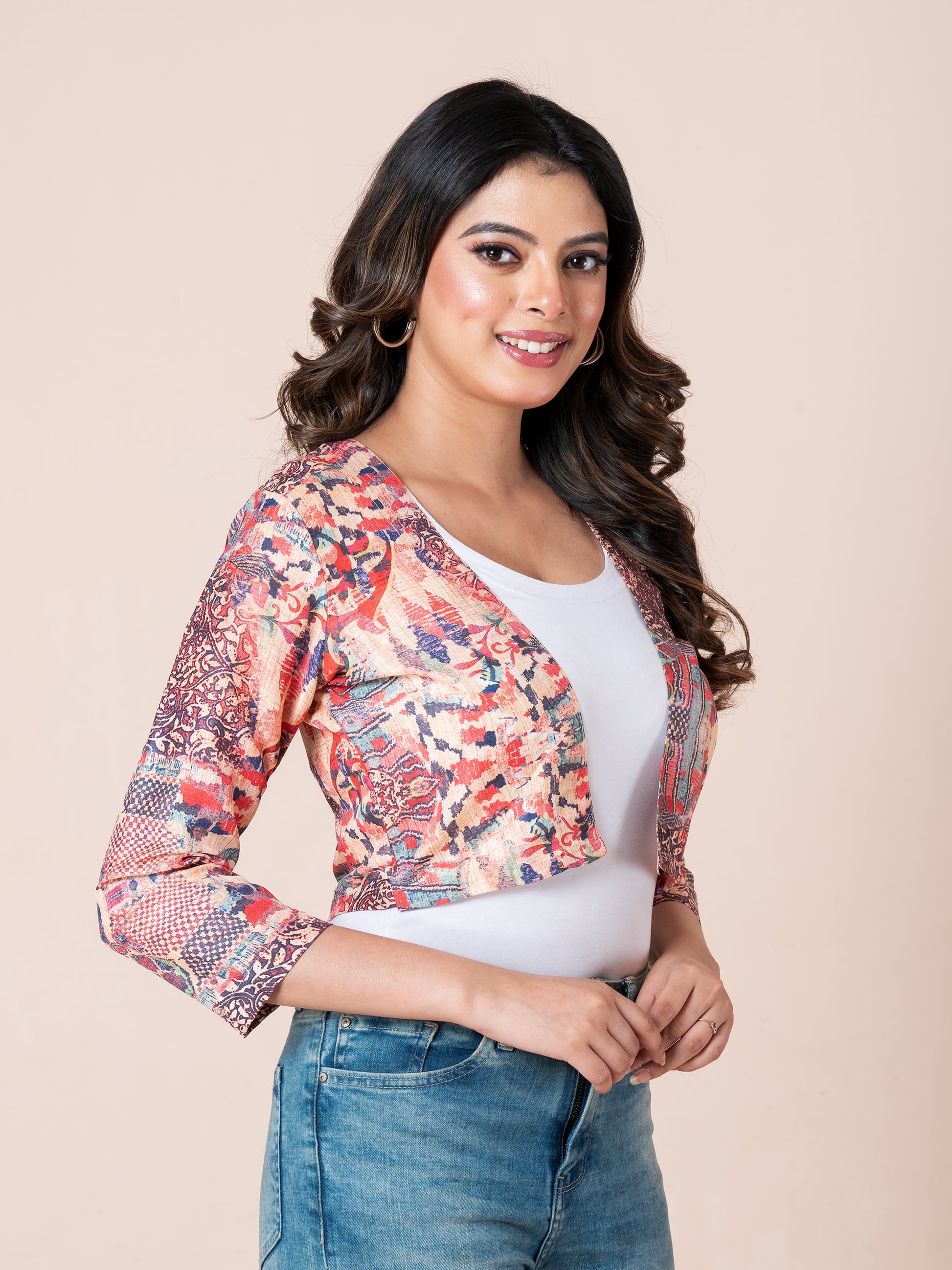 Multicolor Damask Pattern Digital Printed Women Bolero, close view