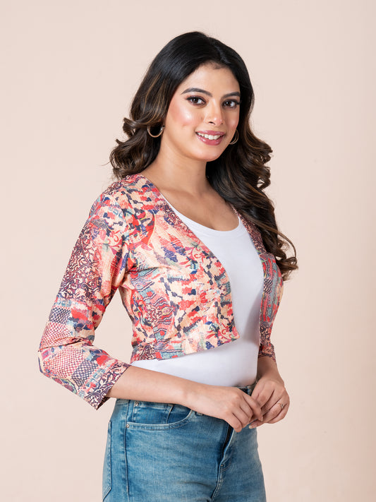 Multicolor Damask Pattern Digital Printed Women Bolero, close view