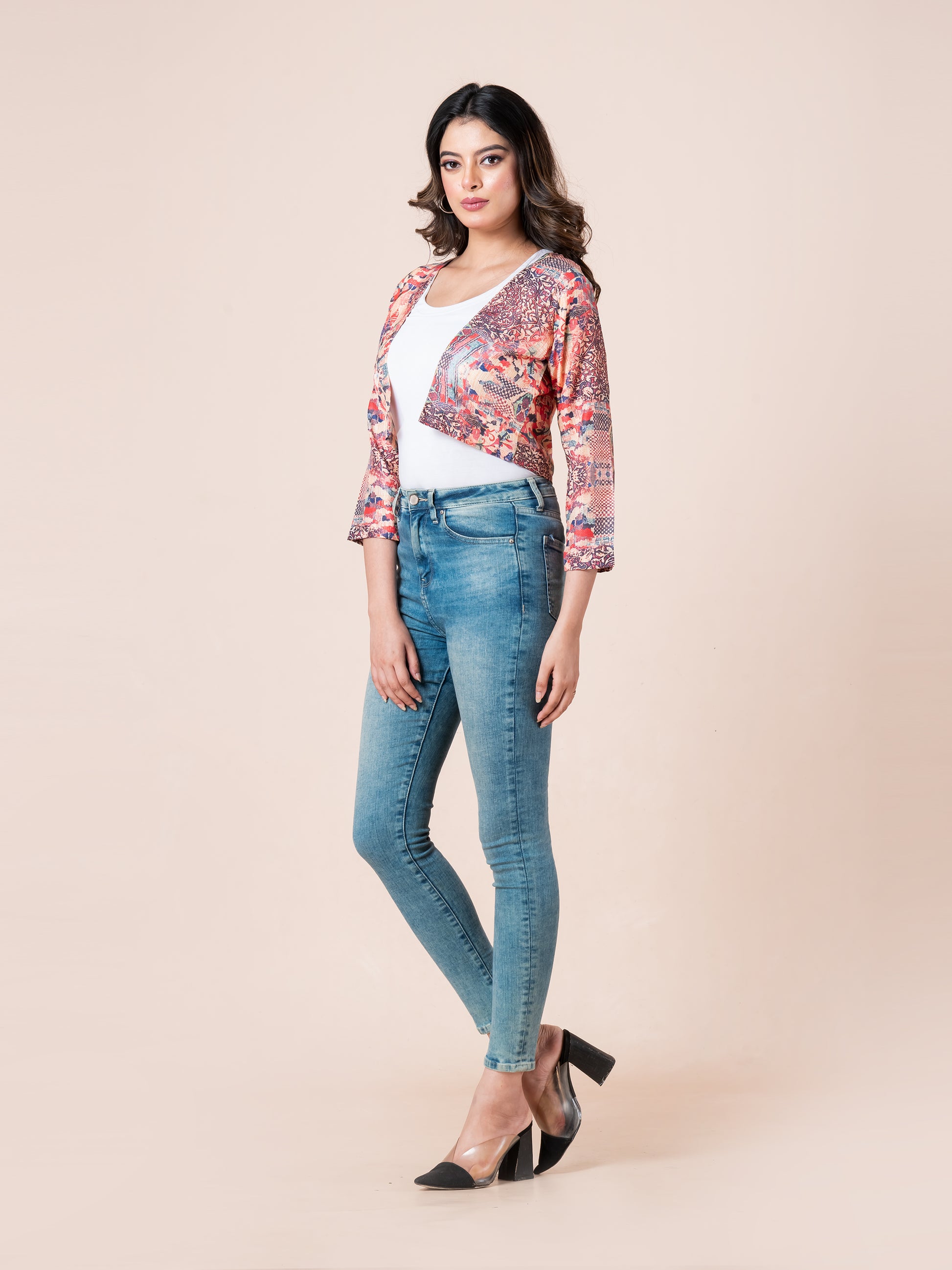 Multicolor Damask Pattern Digital Printed Women Bolero, left view