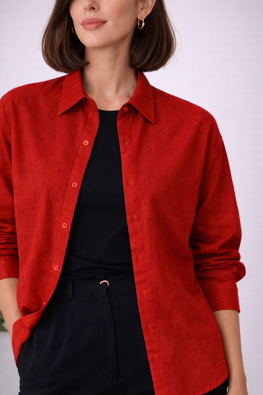 Pure Cotton Red Oversized Shirt For Women