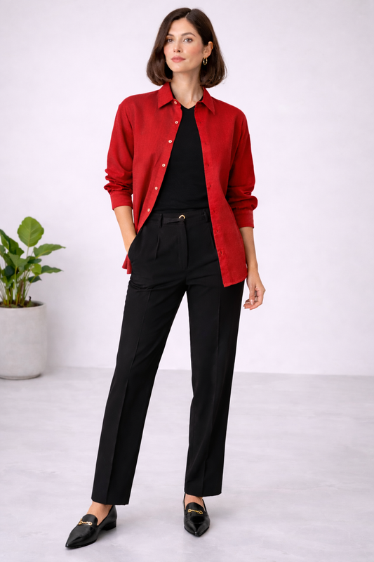 Pure Cotton Red Oversized Shirt For Women