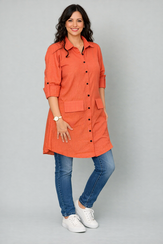 Carrot Red Checked Mid-Length Shirt