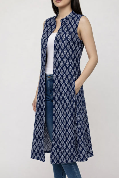 Indigo Ajrakh Print Sleeveless Front-open Long Shrug