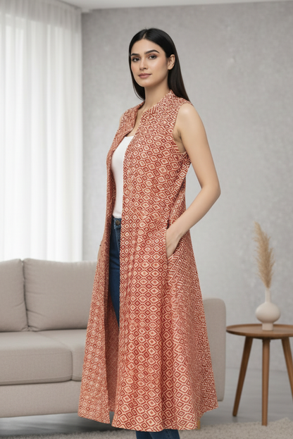 Red Ikat Print Long Shrug