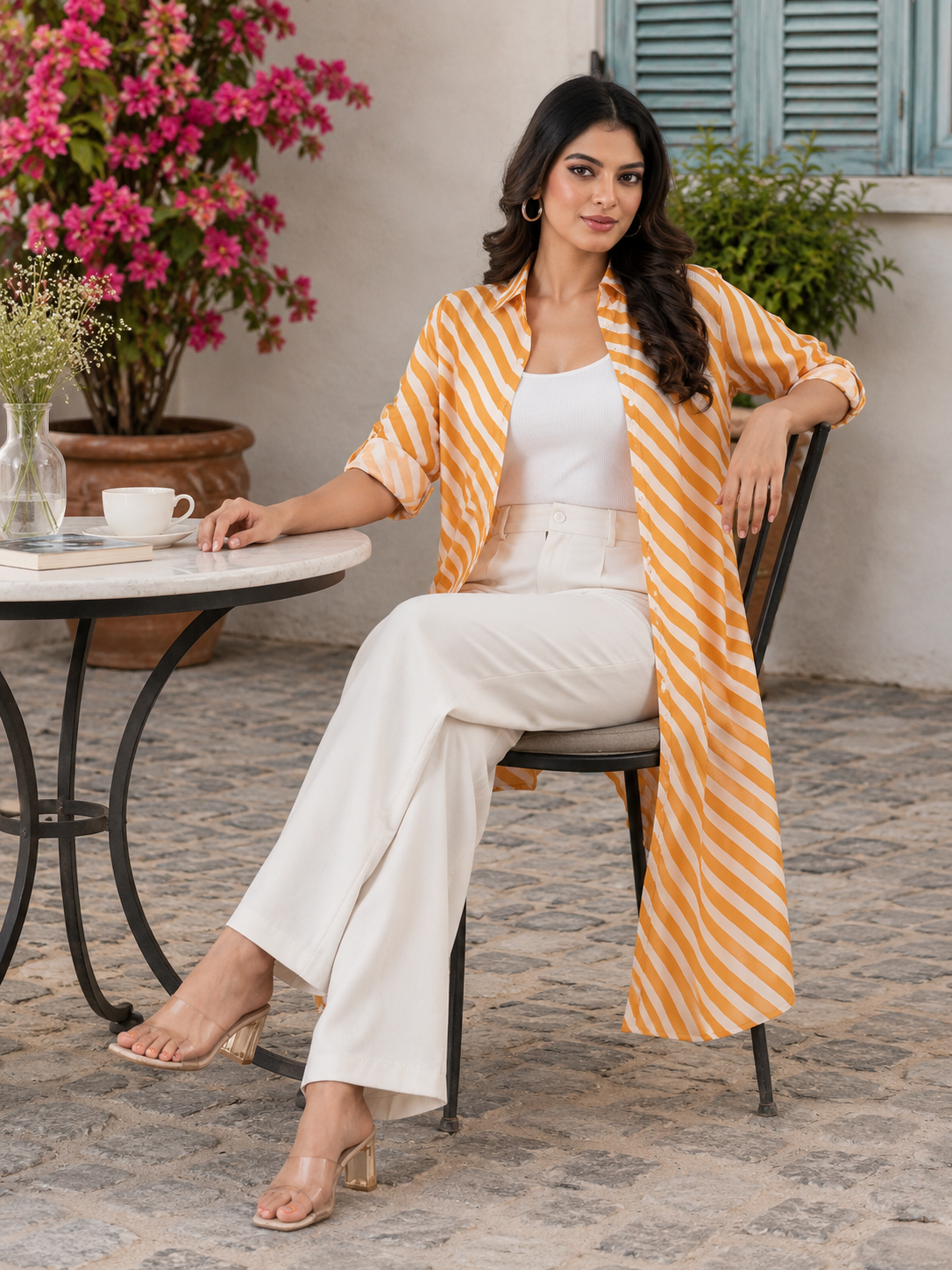 Mustard Yellow Stripe Digital Printed Long Shirt
