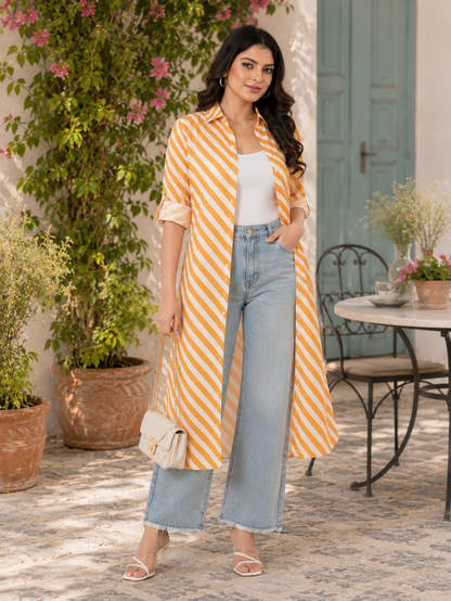 Mustard Yellow Stripe Digital Printed Long Shirt