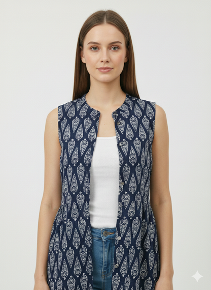 Indigo Ajrakh Print Sleeveless Front-open Long Shrug