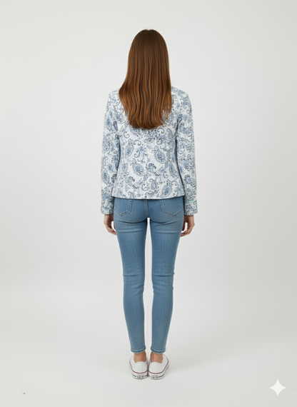 White & Blue Paisley Print All Season Lightweight Women Blazer