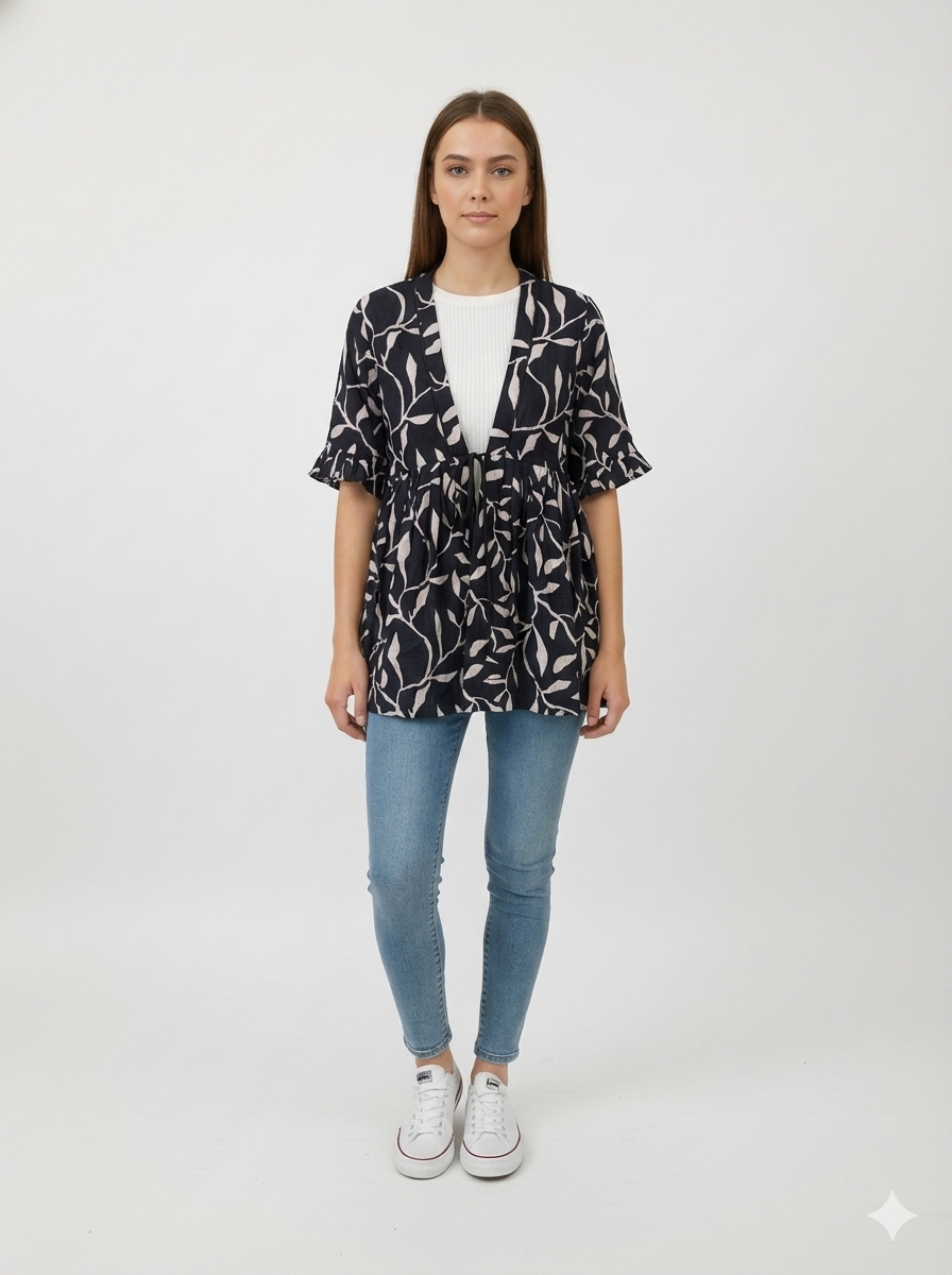 Black & White Kalamkari Pattern Tie-Up Shrug for Women