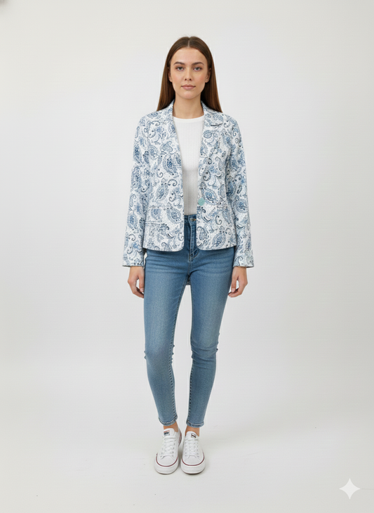 White & Blue Paisley Print All Season Lightweight Women Blazer