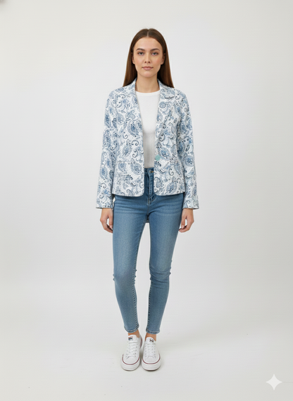 White & Blue Paisley Print All Season Lightweight Women Blazer