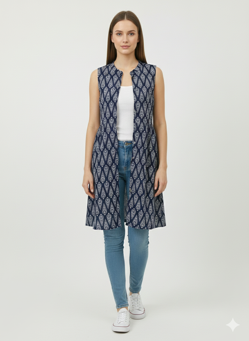 Indigo Ajrakh Print Sleeveless Front-open Long Shrug