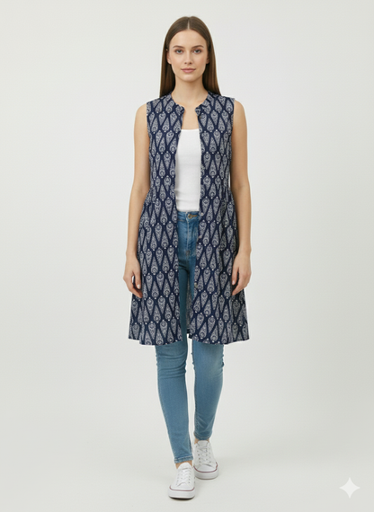 Indigo Ajrakh Print Sleeveless Front-open Long Shrug